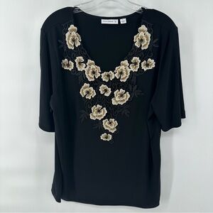 Susan Graver Liquid Knit Short Sleeve Blouse Lace Embroidered Neckline Large